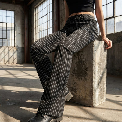 Pantalon évasé rayé noir femme - Style streetwear coréen Koreanxwear