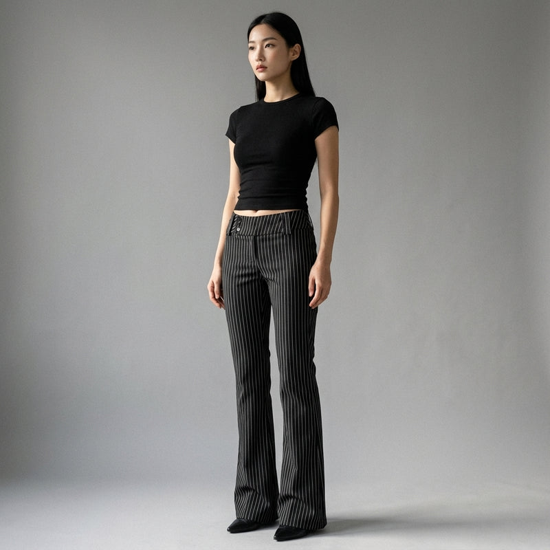 Pantalon évasé rayé noir femme - Style streetwear coréen Koreanxwear - Taille M
