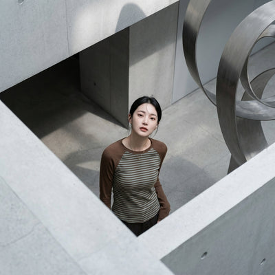 T-Shirt rayé à manches longues femme marron vert - Mode Coréenne Koreanxwear