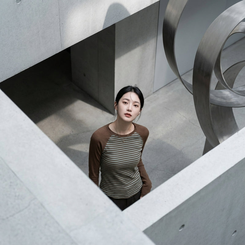 T-Shirt rayé à manches longues femme marron vert - Mode Coréenne Koreanxwear