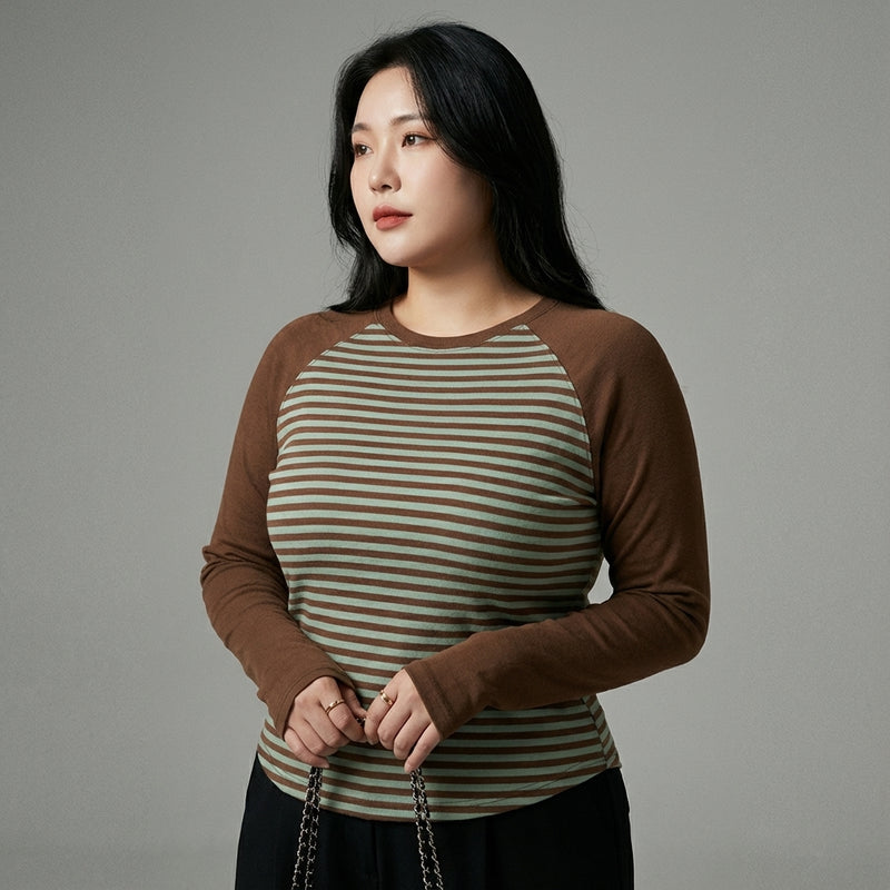 T-Shirt rayé à manches longues femme marron vert - Mode Coréenne Koreanxwear - Taille 2XL - Grande Taille