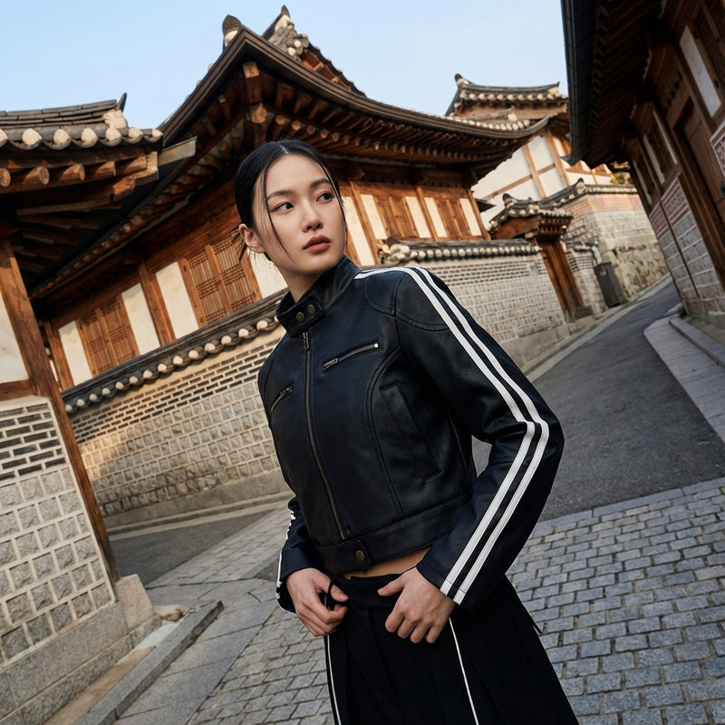 Veste rayée femme en coton noir, style urbain coréen, col montant et fermeture éclair - Koreanxwear