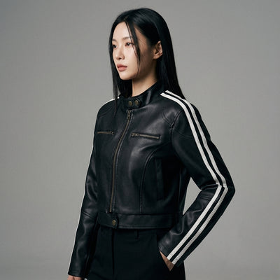 Veste rayée femme en coton noir, style urbain coréen, col montant et fermeture éclair - Koreanxwear - Taille L