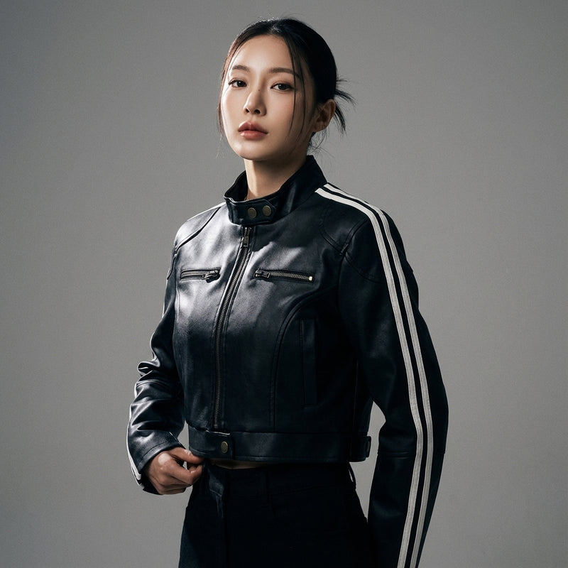 Veste rayée femme en coton noir, style urbain coréen, col montant et fermeture éclair - Koreanxwear - Taille S