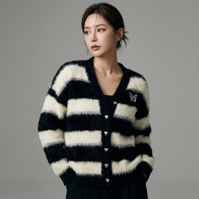 Cardigan rayé ample pour femme - Pull en maille coréenne à boutonnage simple Koreanxwear - Taille only size