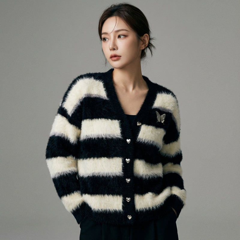 Cardigan rayé ample pour femme - Pull en maille coréenne à boutonnage simple Koreanxwear - Taille only size