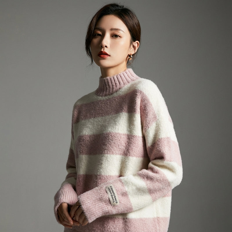 Pull rayé col roulé femme en laine et polyester - Mode Coréenne Koreanxwear - Taille One Size