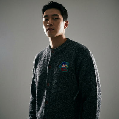 Cardigan brodé vintage gris foncé pour femme - Style coréen décontracté Koreanxwear - Taille M