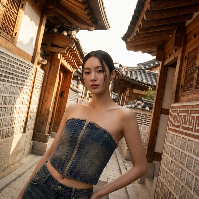 Veste bustier en jean Coréenne femme avec franges vintage - Koreanxwear