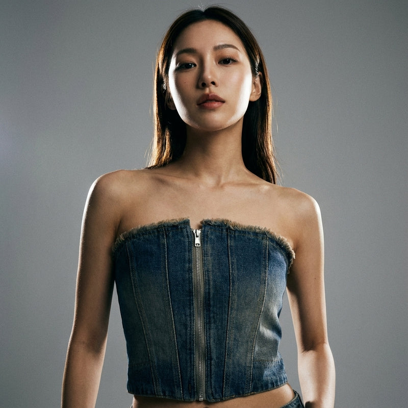 Veste bustier en jean Coréenne femme avec franges vintage - Koreanxwear - Taille S