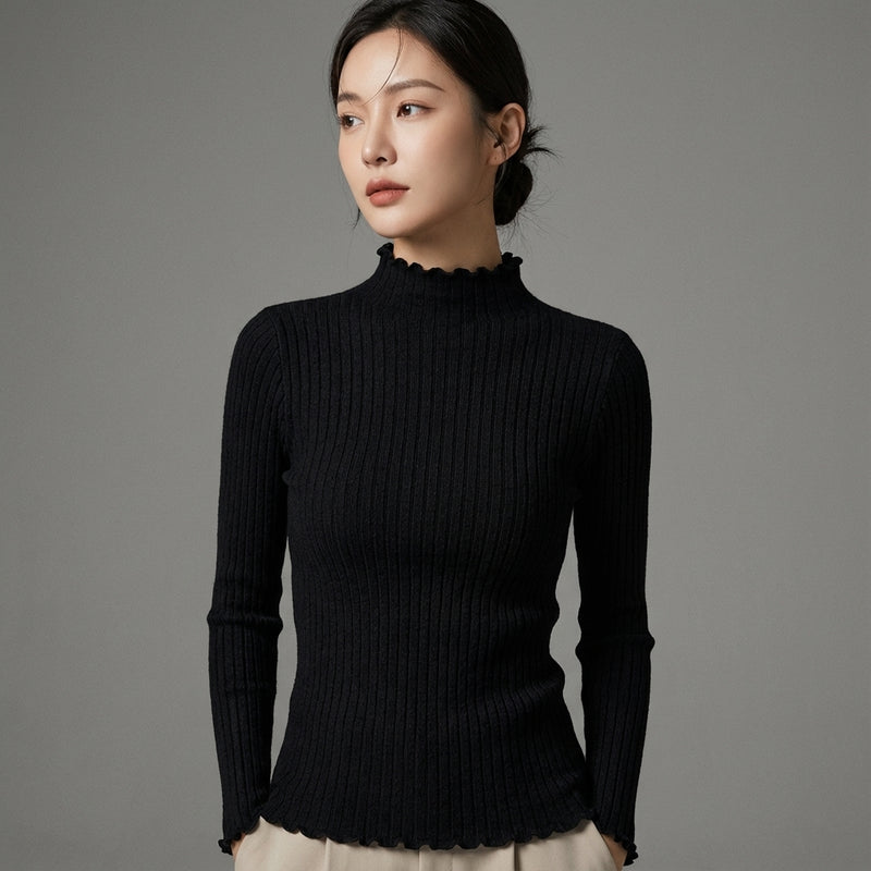 Pull coréen femme col montant à volants en maille, couleur noir, abricot, vert olive ou blanc. - Taille One Size