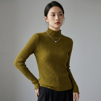 Pull coréen femme col montant à volants en maille, couleur noir, abricot, vert olive ou blanc. - Taille One Size