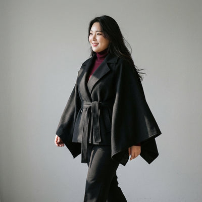 Poncho cape hiver femme coréenne noir avec ceinture et col à revers - Koreanxwear - Taille 4XL - Grande Taille
