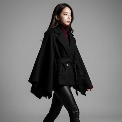 Poncho cape hiver femme coréenne noir avec ceinture et col à revers - Koreanxwear - Taille S