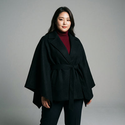 Poncho cape hiver femme coréenne noir avec ceinture et col à revers - Koreanxwear - Taille XL - Grande Taille