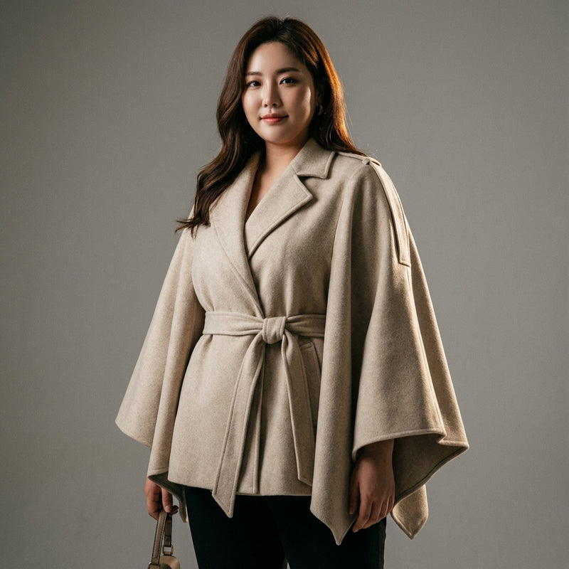 Poncho cape hiver femme coréenne noir avec ceinture et col à revers - Koreanxwear - Taille 4XL - Grande Taille