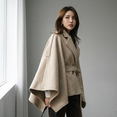 Poncho cape hiver femme coréenne noir avec ceinture et col à revers - Koreanxwear - Taille 5XL - Grande Taille