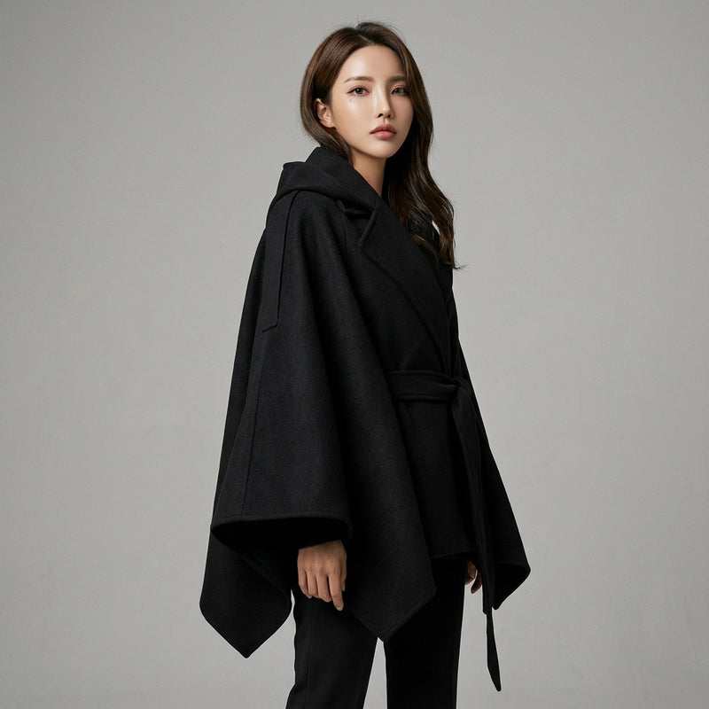 Poncho cape hiver femme coréenne noir avec ceinture et col à revers - Koreanxwear - Taille S