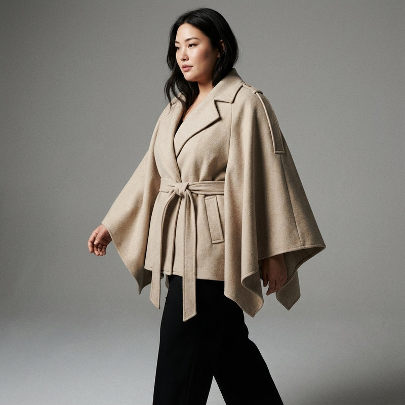 Poncho cape hiver femme coréenne noir avec ceinture et col à revers - Koreanxwear - Taille XL - Grande Taille