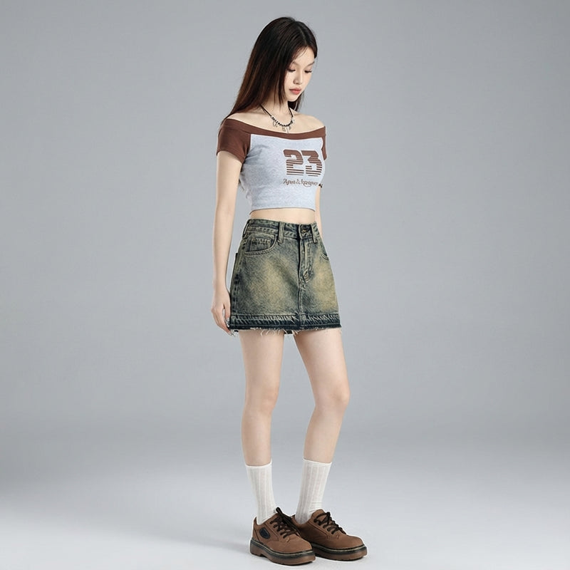 Mini-jupe en jean délavé femme coupe ajustée - Mode Coréenne Koreanxwear - Taille S