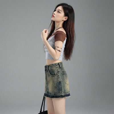 Mini-jupe en jean délavé femme coupe ajustée - Mode Coréenne Koreanxwear - Taille XS