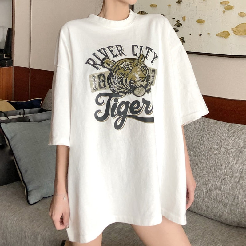 T Shirt Coréen Tigre Blanc