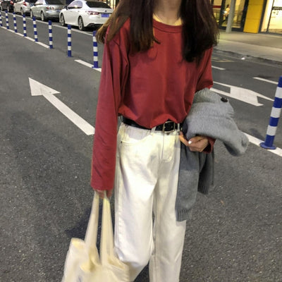 T Shirt Coréen à manches longues Rouge