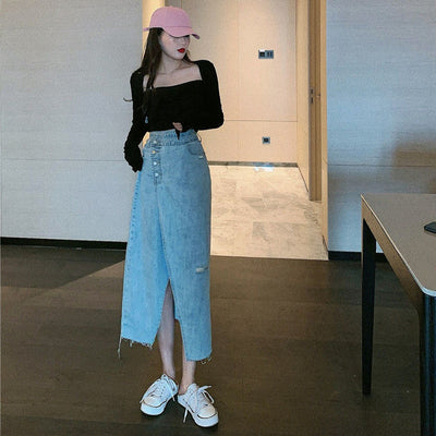 Jupe coréenne longue en jeans bleu