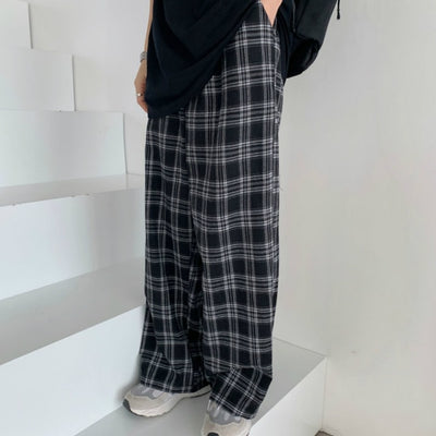 Pantalon coréen large plaid gris